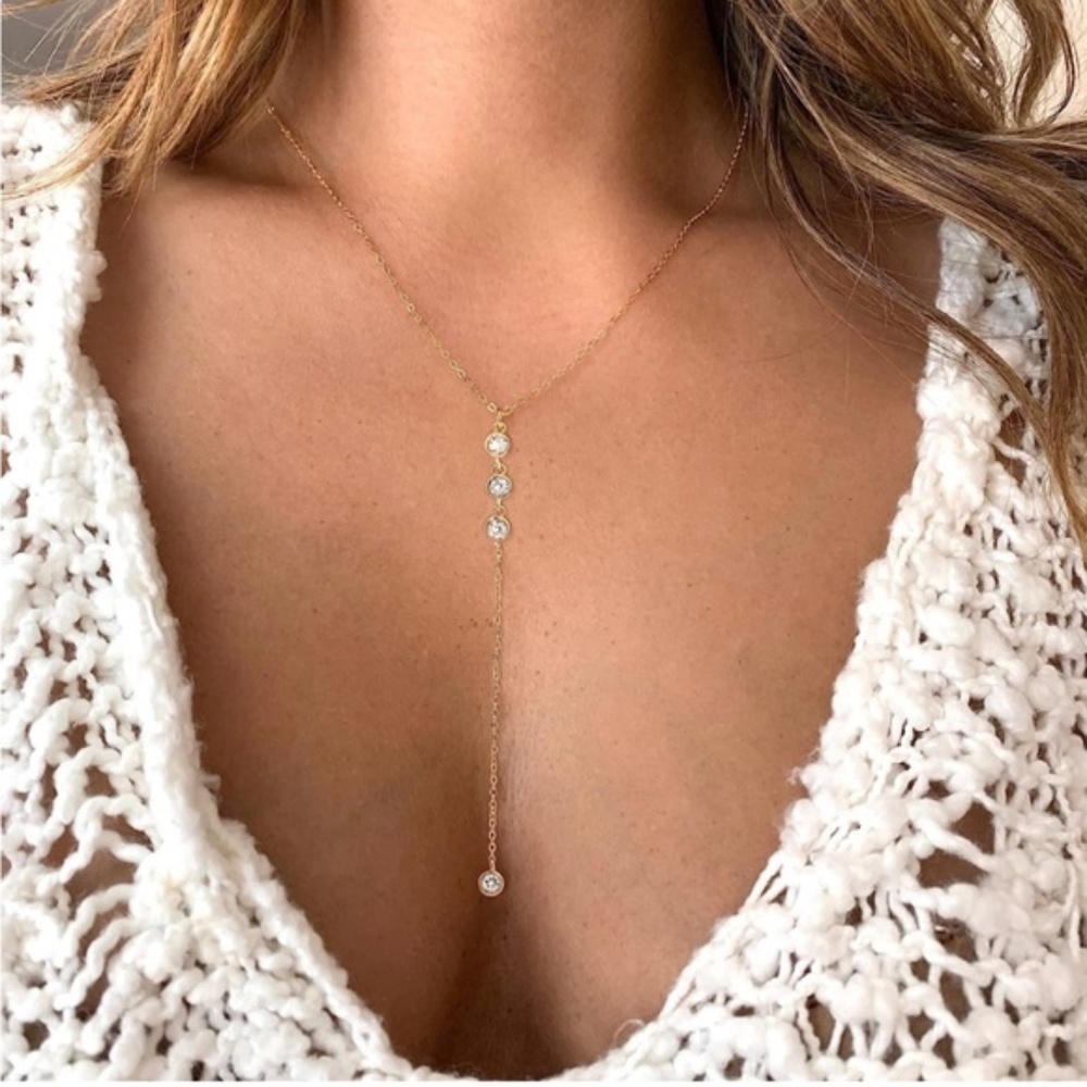 Gold 14k Gold Plated Cubic Zirconia Lariat Necklace